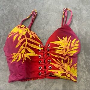 New! BFyne Zika Red Pink Yellow Floral Lace-Up Longline Bikini Top 10586
